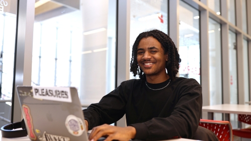 A student with long black hair and wearing a black shirt studies at a laptop in the Learning Centers