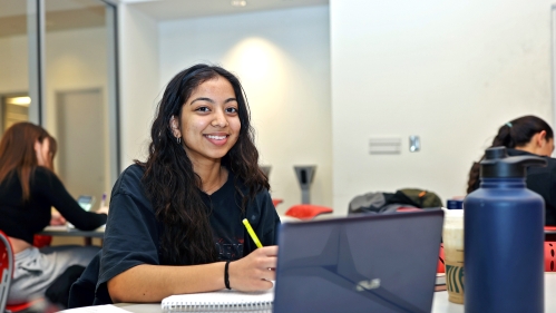 A student with long black hair and wearing a black shirt studies at a laptop in the Learning Centers