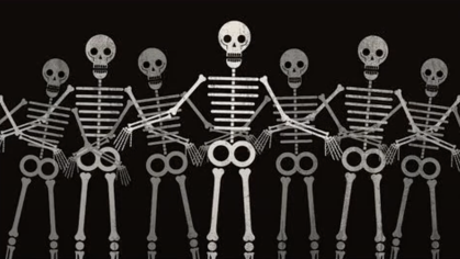 White skeleton illustrations on a black background