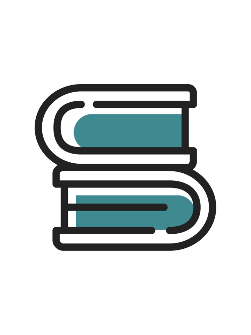 A teal and white and black icon of two books stacked