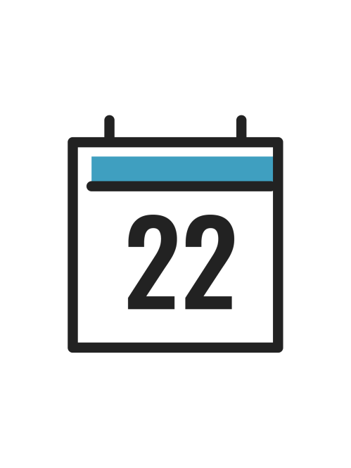 A white, blue, and black icon of a calendar date