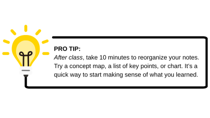 Pro tip- after class, take 10 min to reorganize your notes. Try a concept map, a list of key points, or chart. It's a quick way to start making sense of what you learned.